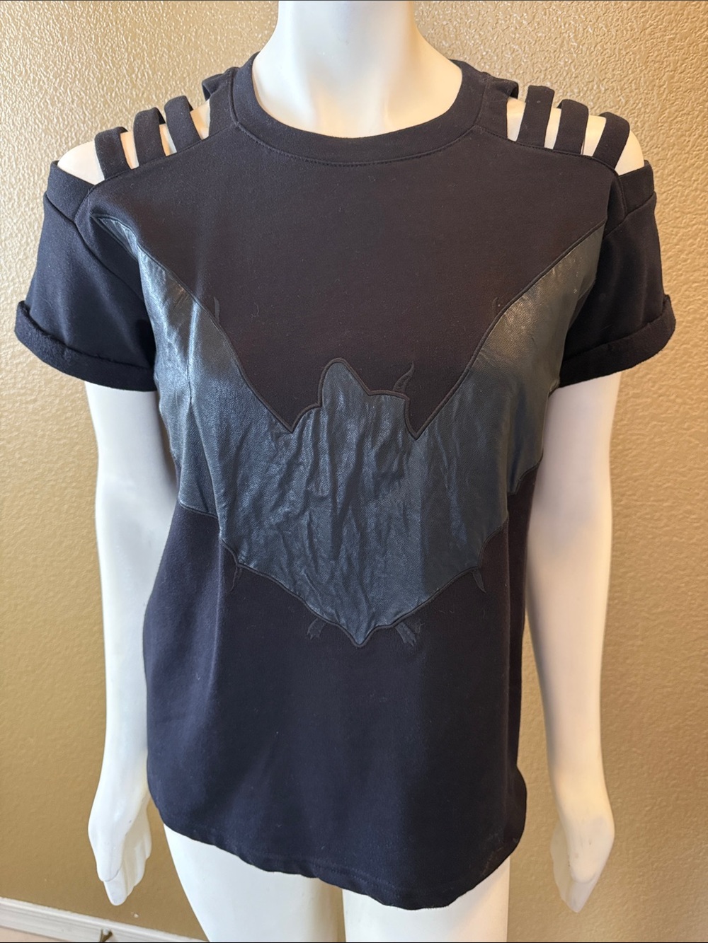 Vintage Forever 21 Black Cold-Shoulder & Faux Leather Bat Appliqué Tee